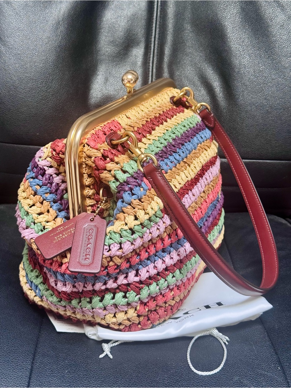 NWT COACH MULTICOLOR STRAW LARGE KISSLOCK 27 BAG CDZ29 In Multi - Picture 5 of 13